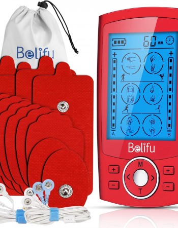 Belifu Dual Channel TENS EMS Unit with 12 Pads, 24 Modes Muscle Stimulator, Electronic Pulse Massager Muscle Massager for Pain Relief Therapy, Fastening Cable Ties, Dust-Proof Drawstring Storage Bag